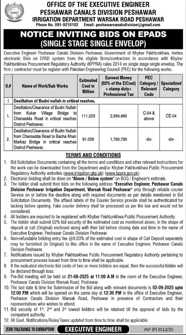 Irrigation Department Peshawar Tender Notice